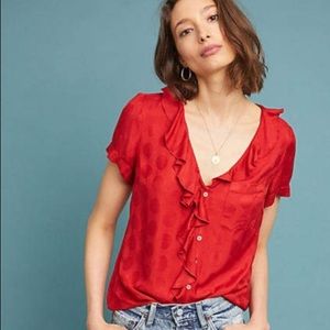 Maeve red ruffle button down blouse — NEW!